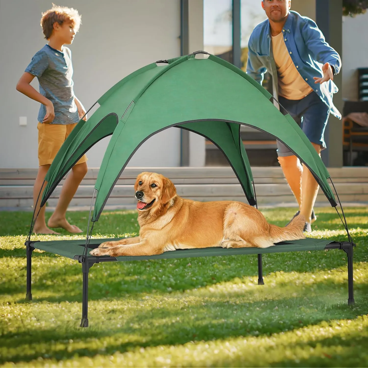 MoNiBloom Large Elevated Dog Bed with Canopy for Large/Medium Dog, 2-in-1 Breathable 420D Oxford Indoor/Outdoor Dog Bed Support Up to 80 lbs, Waterproof Portable Cat Dog Camping Beach, Foliage Green