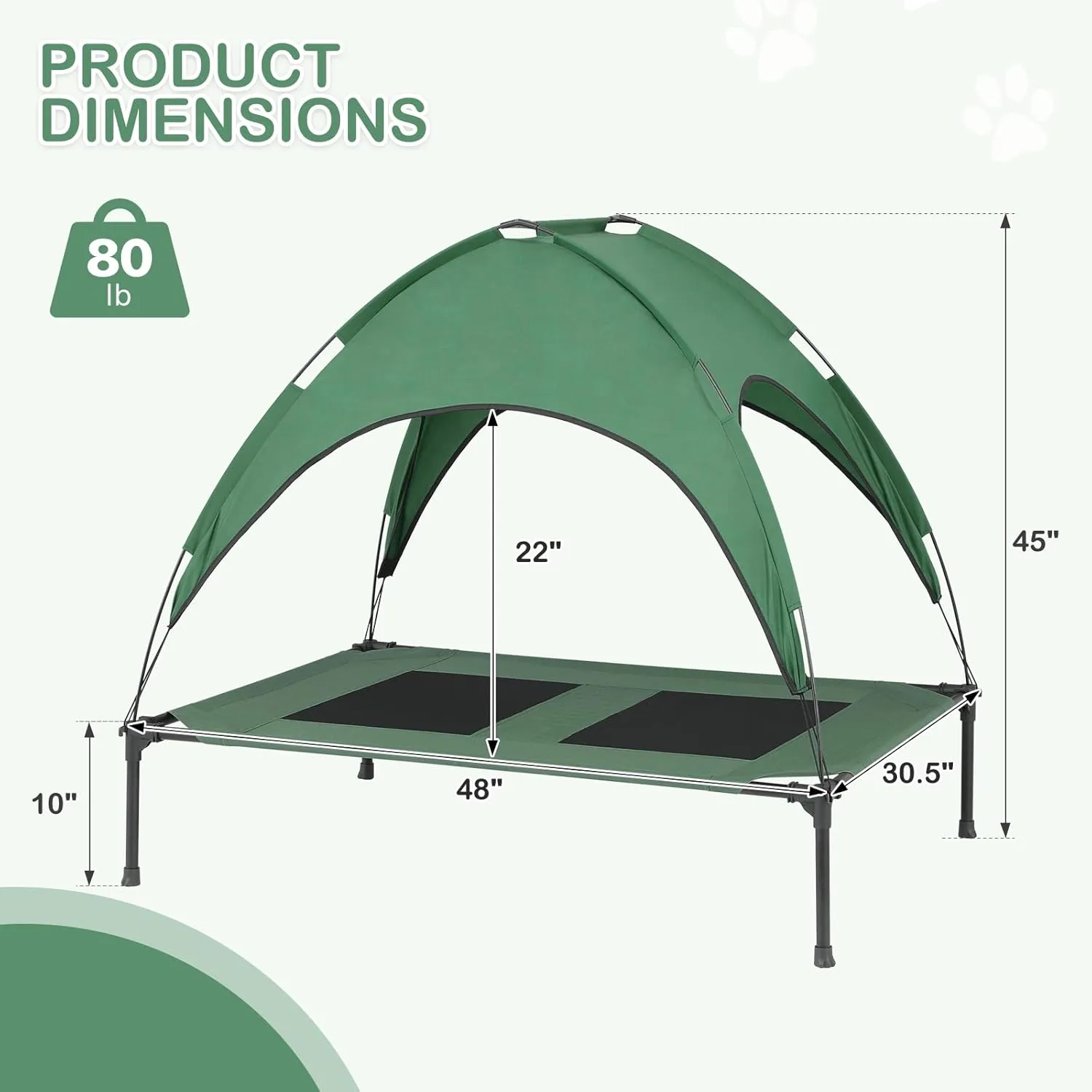 MoNiBloom Large Elevated Dog Bed with Canopy for Large/Medium Dog, 2-in-1 Breathable 420D Oxford Indoor/Outdoor Dog Bed Support Up to 80 lbs, Waterproof Portable Cat Dog Camping Beach, Foliage Green