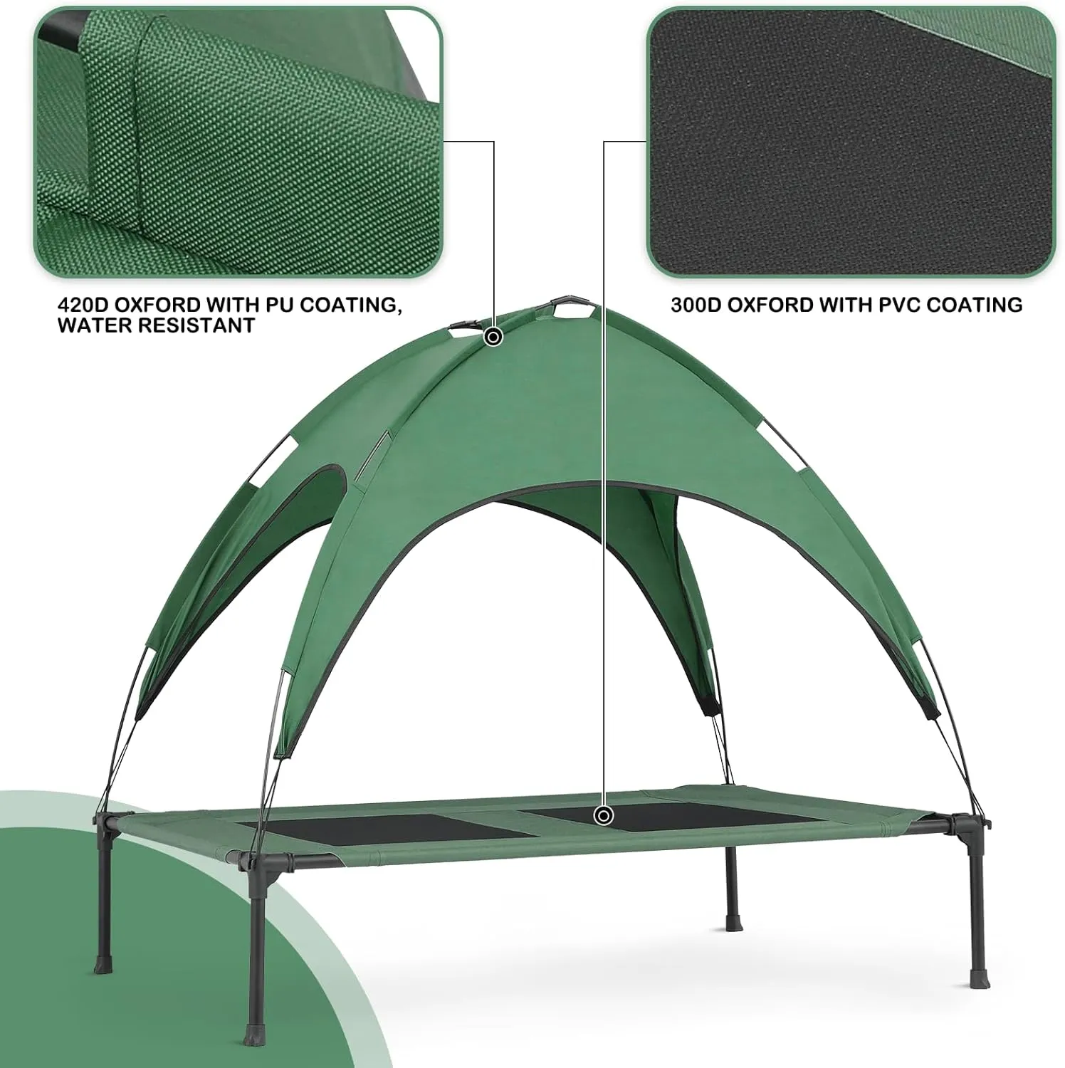 MoNiBloom Large Elevated Dog Bed with Canopy for Large/Medium Dog, 2-in-1 Breathable 420D Oxford Indoor/Outdoor Dog Bed Support Up to 80 lbs, Waterproof Portable Cat Dog Camping Beach, Foliage Green