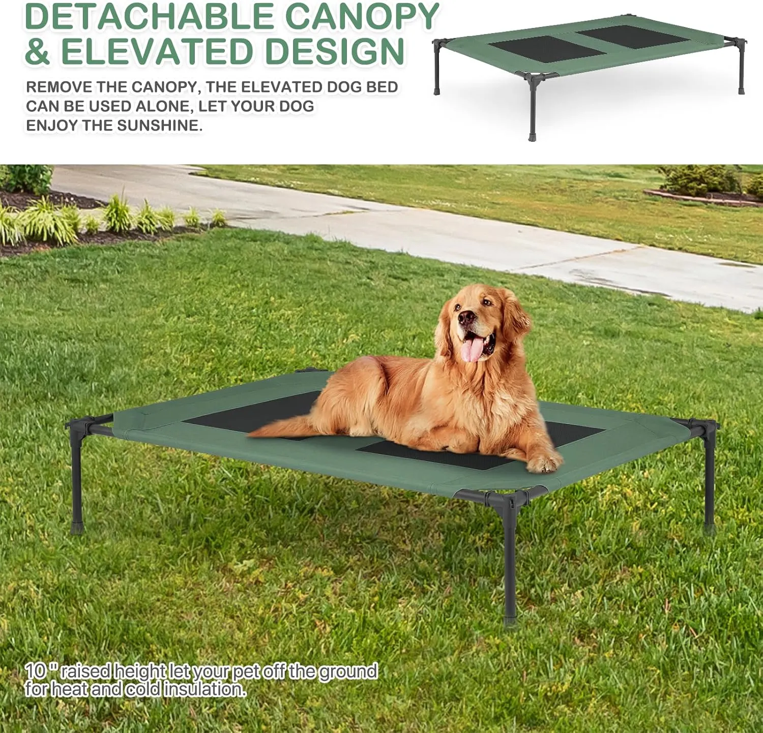 MoNiBloom Large Elevated Dog Bed with Canopy for Large/Medium Dog, 2-in-1 Breathable 420D Oxford Indoor/Outdoor Dog Bed Support Up to 80 lbs, Waterproof Portable Cat Dog Camping Beach, Foliage Green