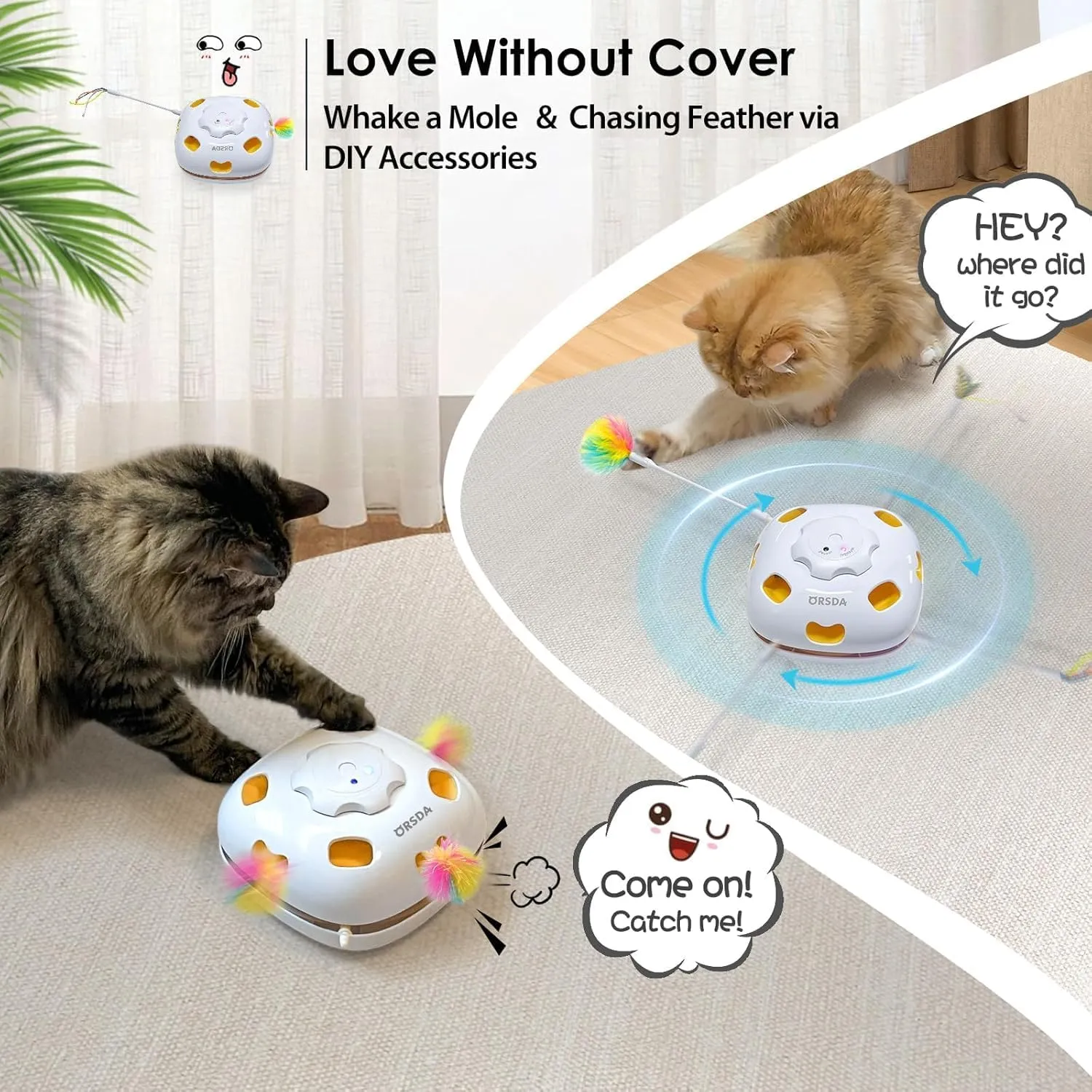 ORSDA Cat Toy, Chargeable 4-in-1 Interactive Cat Toys for Indoor Cats, Hide and Seek, Cat Wand Toy, Whack a Mole, Automatic Kitten Toys with 3Pcs DIY Replacement Feathers
