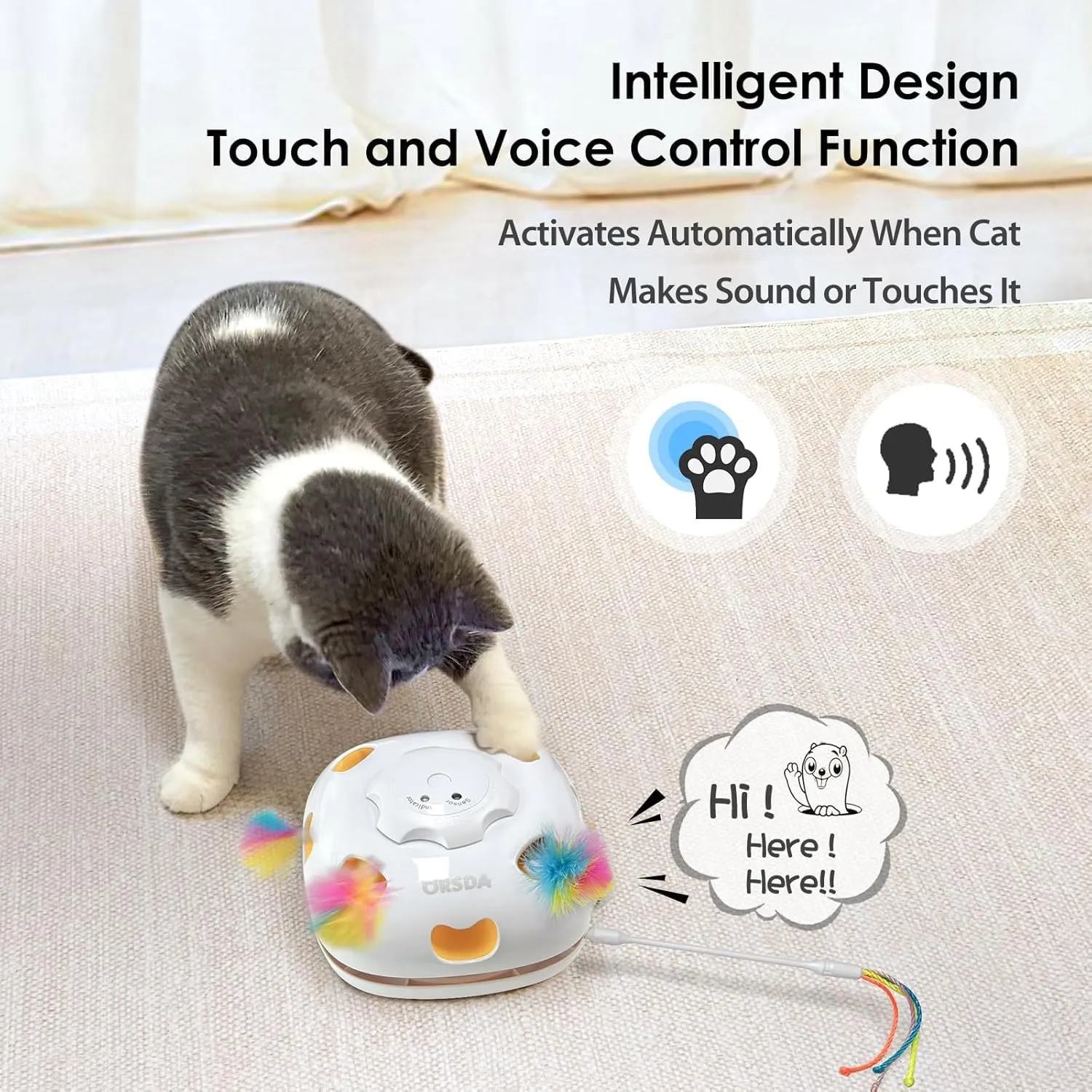 ORSDA Cat Toy, Chargeable 4-in-1 Interactive Cat Toys for Indoor Cats, Hide and Seek, Cat Wand Toy, Whack a Mole, Automatic Kitten Toys with 3Pcs DIY Replacement Feathers