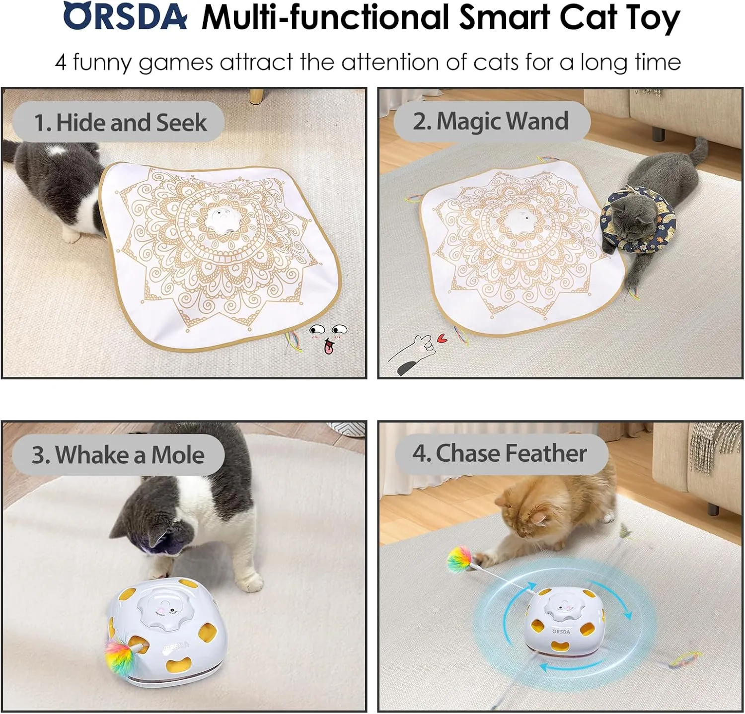 ORSDA Cat Toy, Chargeable 4-in-1 Interactive Cat Toys for Indoor Cats, Hide and Seek, Cat Wand Toy, Whack a Mole, Automatic Kitten Toys with 3Pcs DIY Replacement Feathers