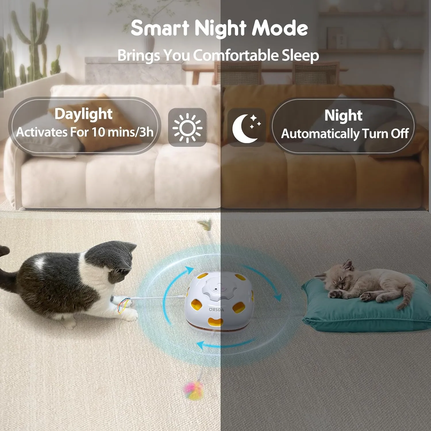ORSDA Interactive Cat Toys for Indoor Cats, 4 in 1 Automatic Kitten Toys, Rechargeable Electric Moving Ambush Feather, Hide and Seek, Chase Feather for Kitty with 5PCS DIY Replacement