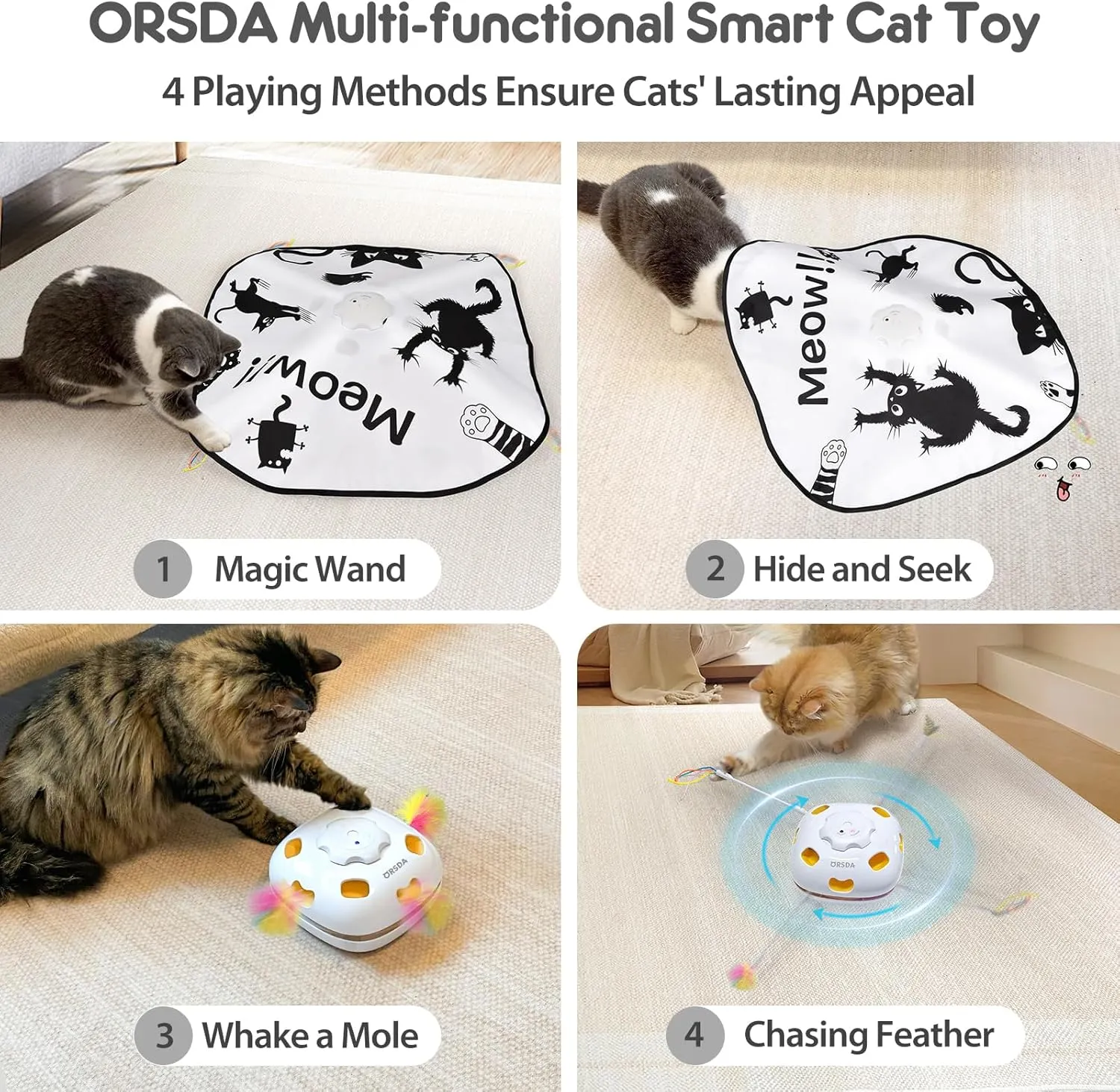 ORSDA Interactive Cat Toys for Indoor Cats, 4 in 1 Automatic Kitten Toys, Rechargeable Electric Moving Ambush Feather, Hide and Seek, Chase Feather for Kitty with 5PCS DIY Replacement