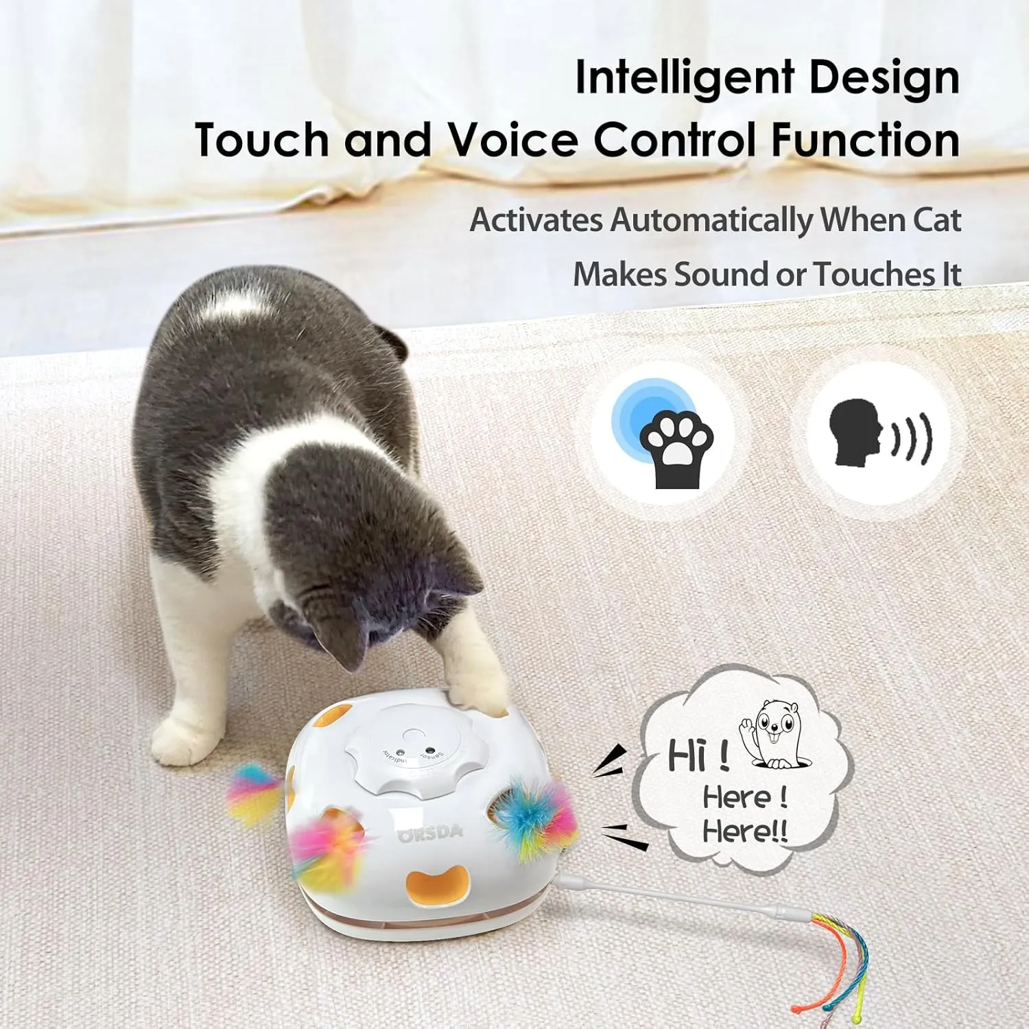 ORSDA Interactive Cat Toys for Indoor Cats, 4 in 1 Automatic Kitten Toys, Rechargeable Electric Moving Ambush Feather, Hide and Seek, Chase Feather for Kitty with 5PCS DIY Replacement