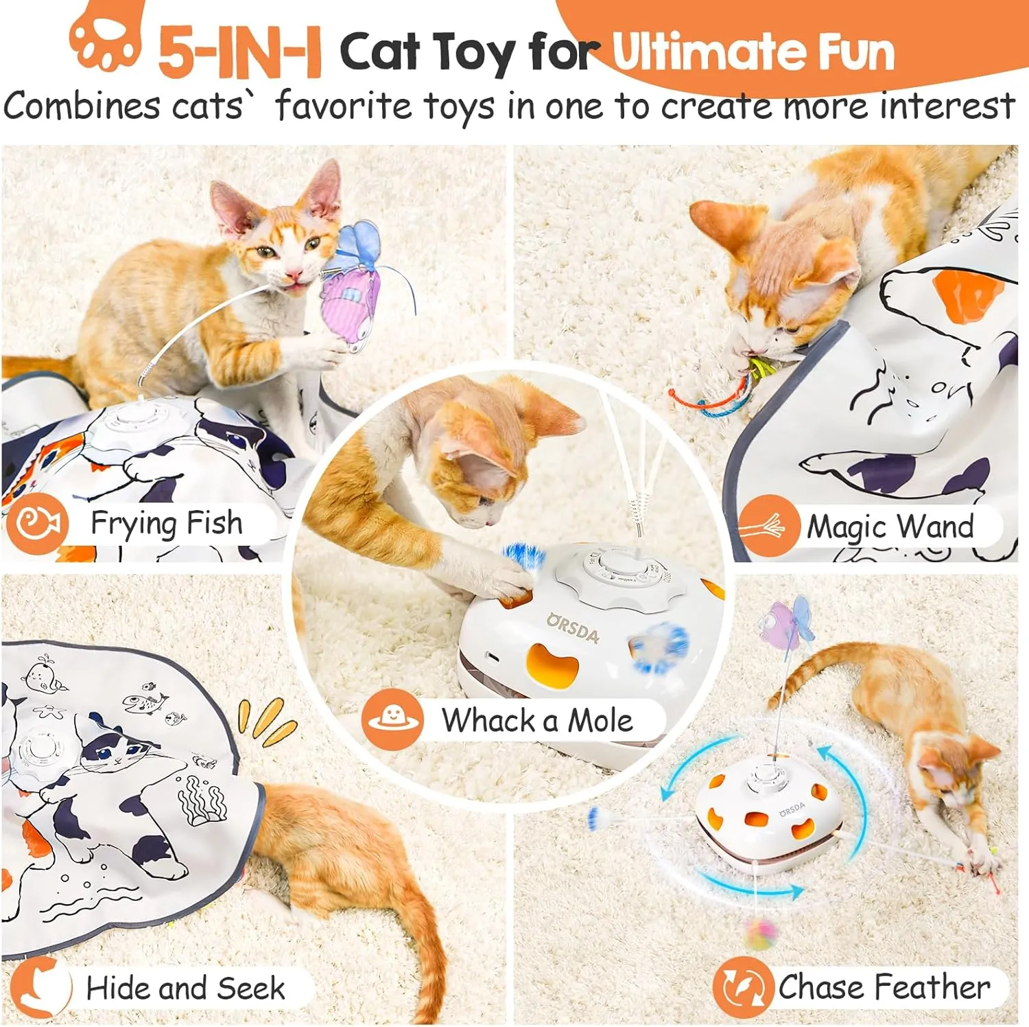 ORSDA Interactive Cat Toys for Indoor Cats, Rechargeable Hide and Seek Cat Toy, Motion Cat Toys, Moving Ambush Feather (5- in-1 cat Toy)