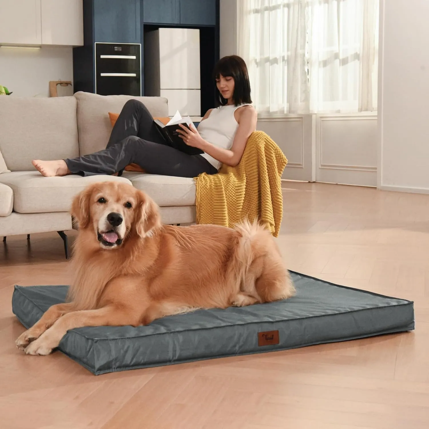 Orthopedic Dog Bed for Large Dogs, Big Waterproof Dog Crate Bed Washable Pet Bed for Large Sized Dogs with Egg Crate Foam Pet Bed Mat, Removable Oxford Cooling Cover, Grey