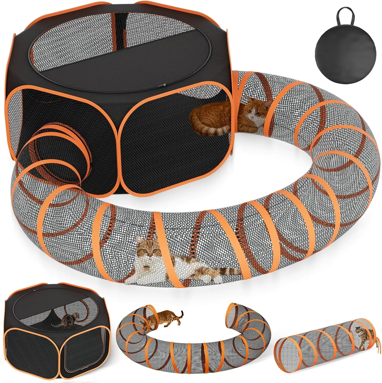 Outdoor Cat Enclosures Tunnel Playpen - Large Portable Playpen Indoor Collapsible Cats Enclosure with Shade Cover 2 Tunnels for Small Pets Animal Outside Catio Happy Travel Camping Back Yard