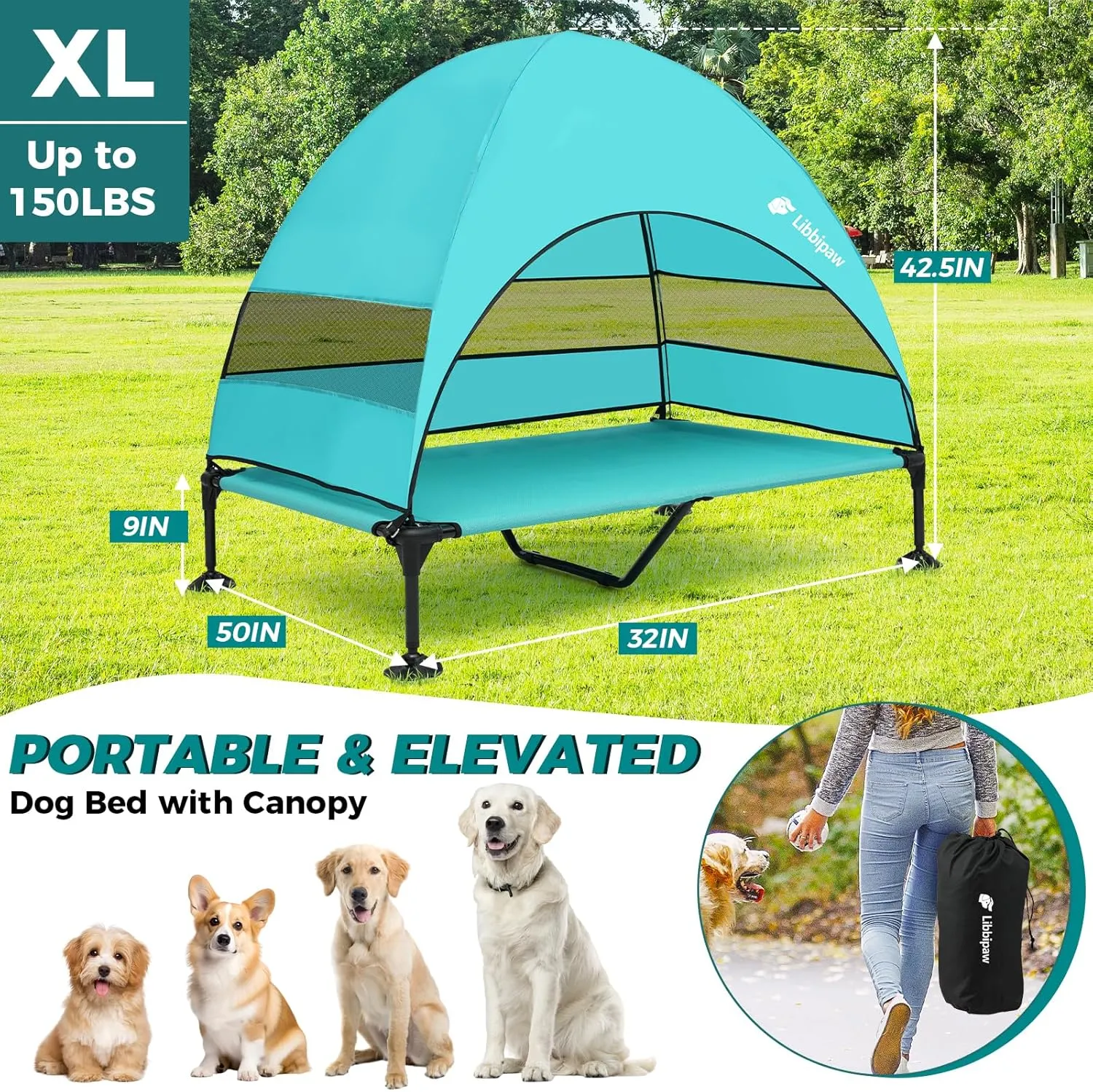 Outdoor Dog Bed with Canopy and 4 Windproof Stakes, Elevated Raised Pet Cot with Removable Shade Tent, Waterproof Design for Large Dogs Camping, Beach, Park, Backyard