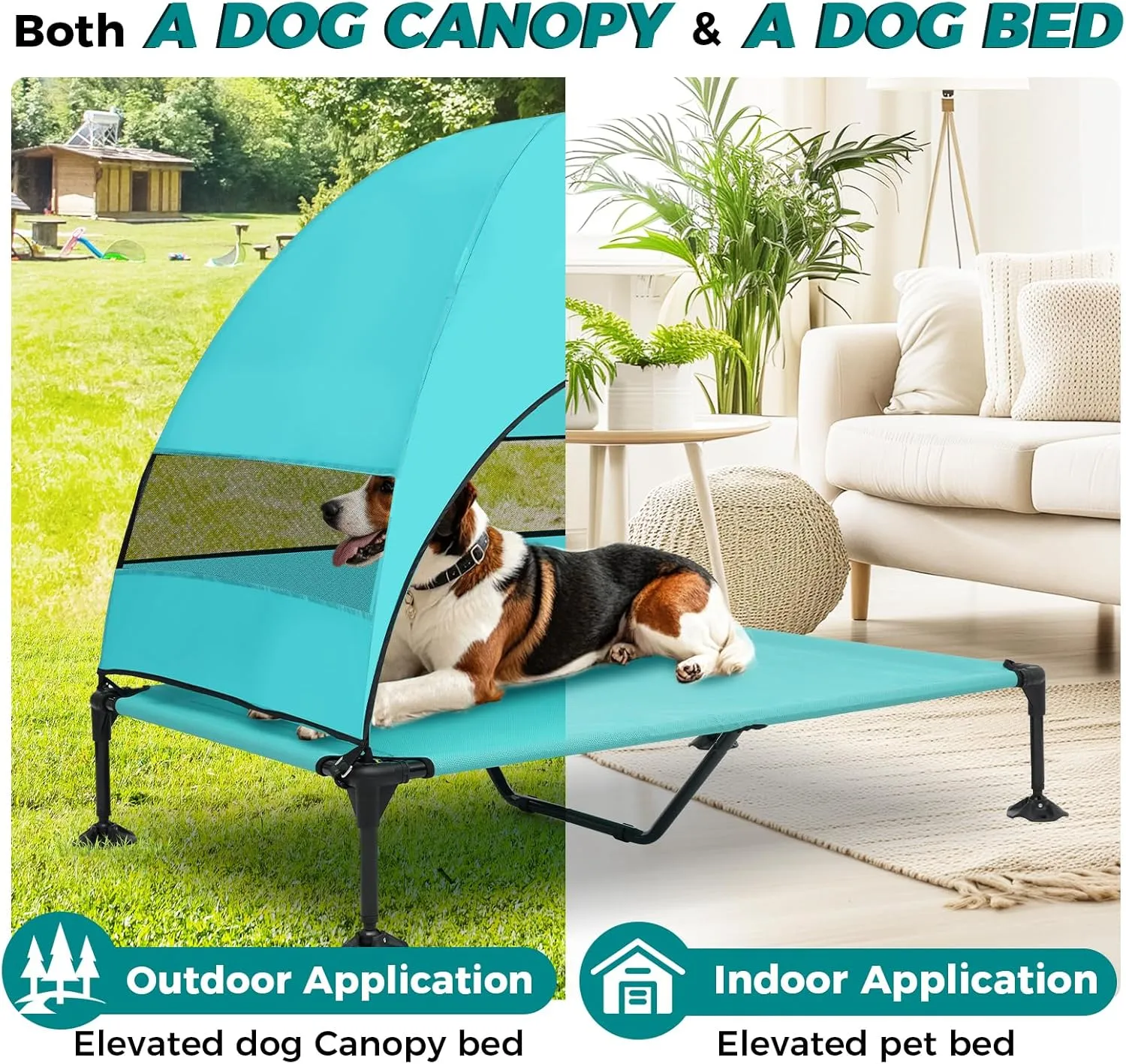 Outdoor Dog Bed with Canopy and 4 Windproof Stakes, Elevated Raised Pet Cot with Removable Shade Tent, Waterproof Design for Large Dogs Camping, Beach, Park, Backyard