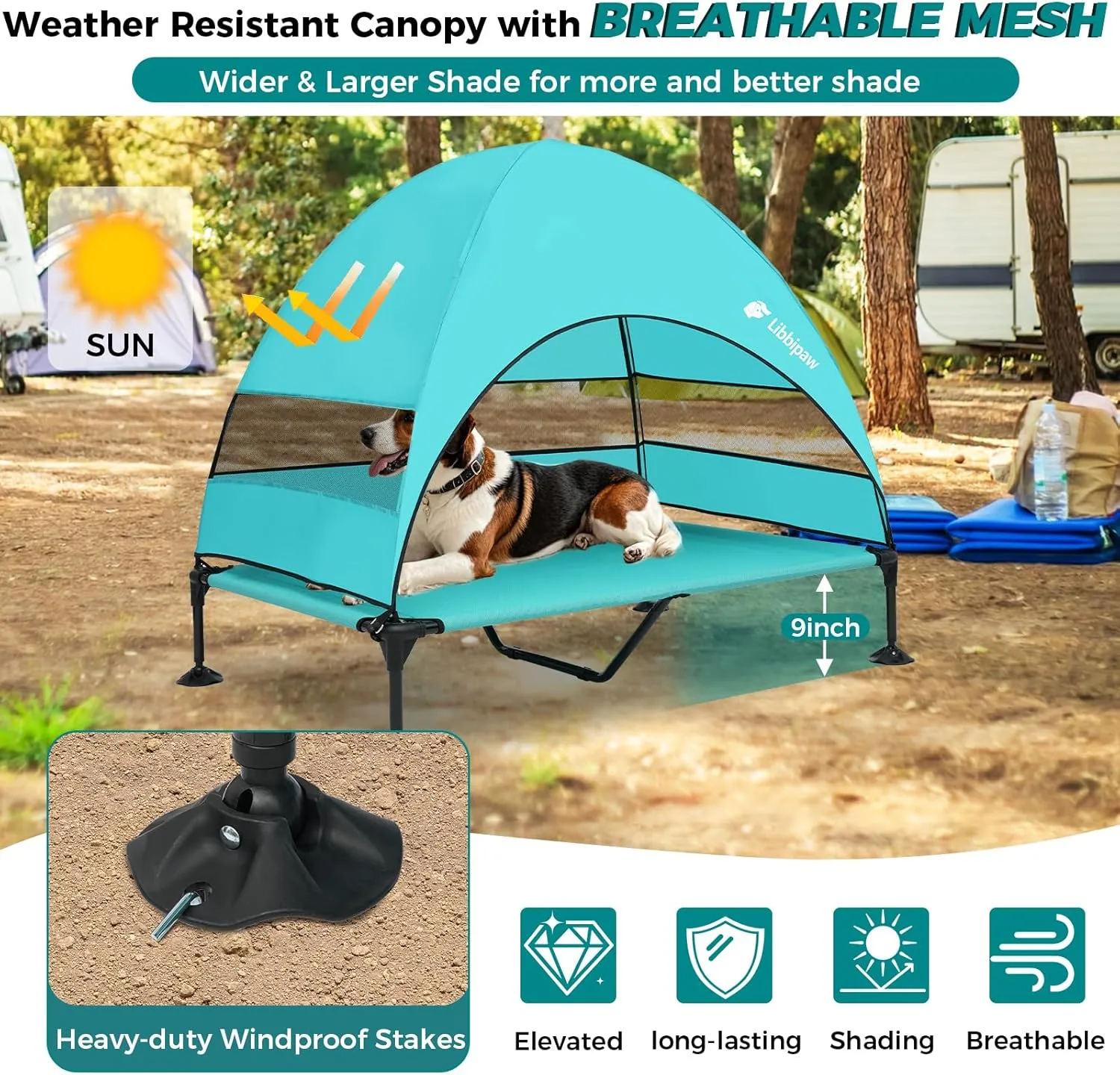 Outdoor Dog Bed with Canopy and 4 Windproof Stakes, Elevated Raised Pet Cot with Removable Shade Tent, Waterproof Design for Large Dogs Camping, Beach, Park, Backyard