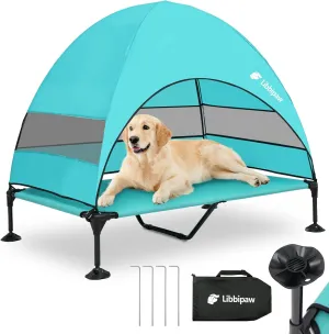 Outdoor Dog Bed with Canopy and 4 Windproof Stakes, Elevated Raised Pet Cot with Removable Shade Tent, Waterproof Design for Large Dogs Camping, Beach, Park, Backyard