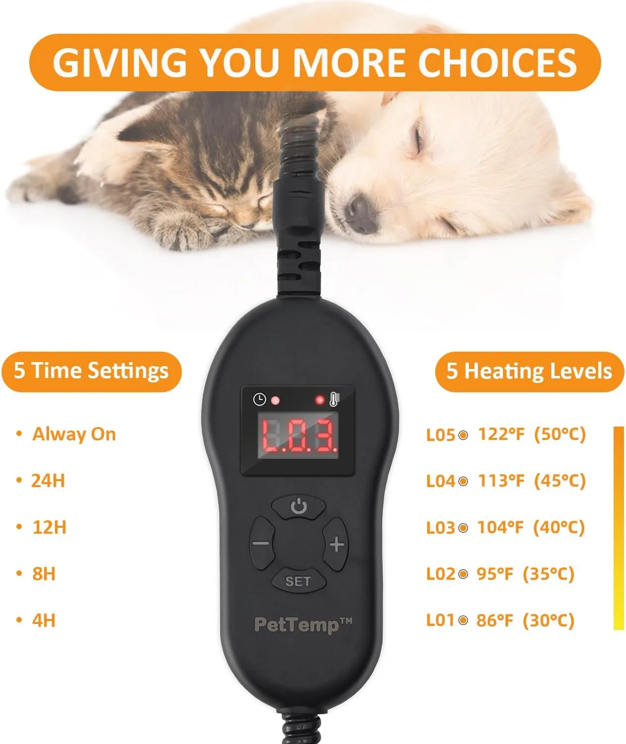 Outdoor Pet Heating Pad with 5 Adjustable Temperature & Timer, Waterproof Heated Mat for Cats and Dogs, Safe Electric Heating Pad for Feral, Indoor & Outdoor Pets, Anti-Chew Cord (M:16'' x 13'')