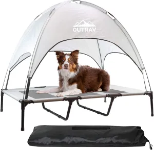 Outrav Pet Cot with Canopy Shade Tent & Carry Along Travel Bag  Portable Foldable Indoor Outdoor Cooling Elevated Dog Bed with Removable Pop Up Sunshade Dome Gazebo Awning, Large or XL  Gray