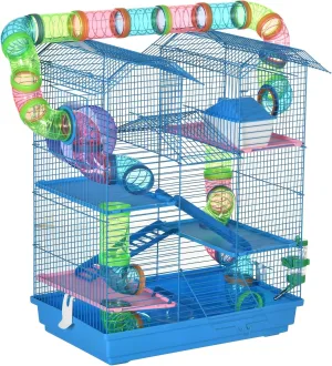 PawHut 18.5" 5 Tier Hamster Cage with Tubes and Tunnels, Small Animal Cage, Rat Gerbil Cage with Water Bottle, Food Dish, Exercise Wheel, Blue