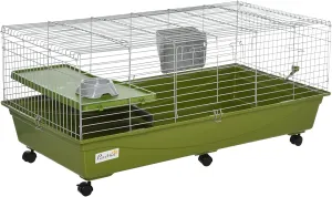 PawHut 47" L Small Animal Cage, Rolling Bunny Cage, Guinea Pig Cage with Food Dish, Water Bottle, Hay Feeder, Platform, Ramp for Chinchilla, Green