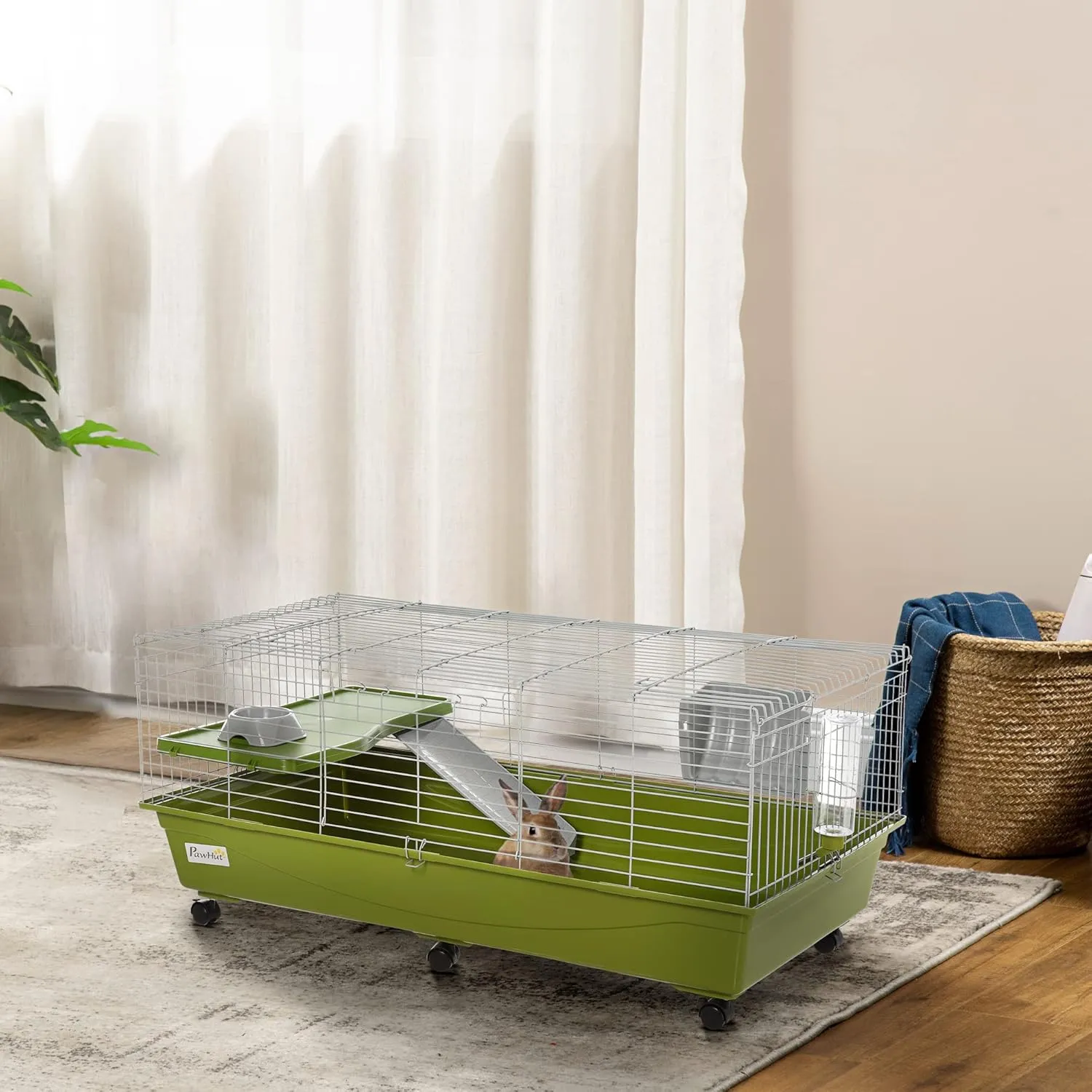 PawHut 47" L Small Animal Cage, Rolling Bunny Cage, Guinea Pig Cage with Food Dish, Water Bottle, Hay Feeder, Platform, Ramp for Chinchilla, Green