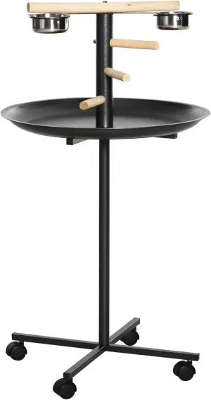 PawHut Bird Play Stand, Portable Parrot Perch, Bird Feeder Station, with Four Wheels, Stainless Steel Feeding Bowls, Round Tray, Grey