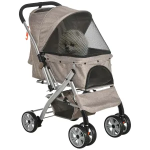PawHut Dog Stroller for Small Dogs Cats, 4 Wheels One-Click Fold Pet Stroller with Swivel Wheels, Brake, Basket Storage, Safety Belts, Adjustable Canopy, Zippered Mesh Window Door, Brown