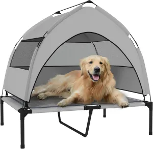 PawHut Elevated Dog Bed with Cooling Pad, Raised Outdoor Pet Bed with Removable Canopy, Breathable Mesh, Storage Bag, Portable Pet Cot for Indoor Outdoor Large Dogs, 36" x 29.5" x 35", Light Gray