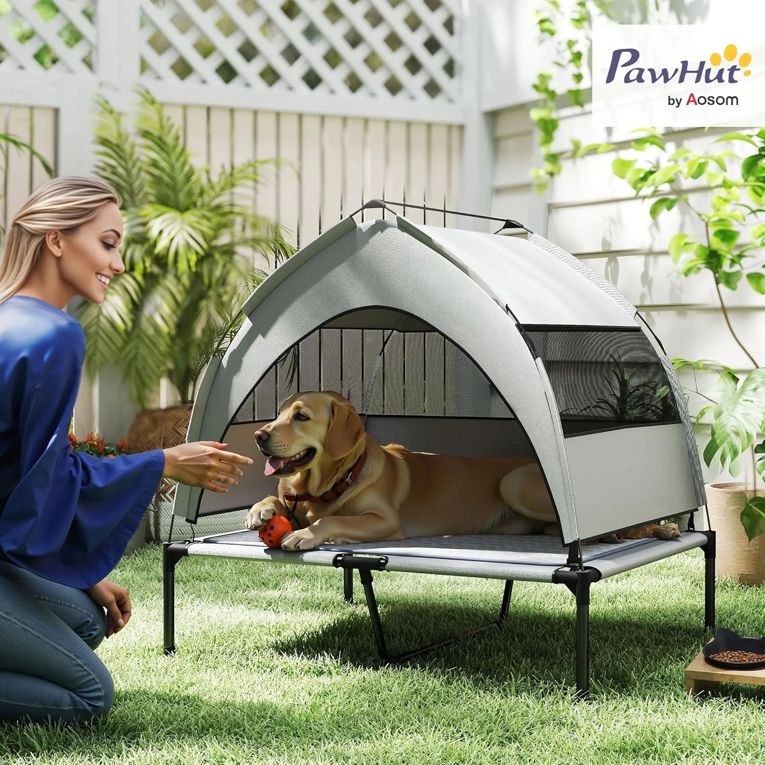 PawHut Elevated Dog Bed with Cooling Pad, Raised Outdoor Pet Bed with Removable Canopy, Breathable Mesh, Storage Bag, Portable Pet Cot for Indoor Outdoor Large Dogs, 36" x 29.5" x 35", Light Gray