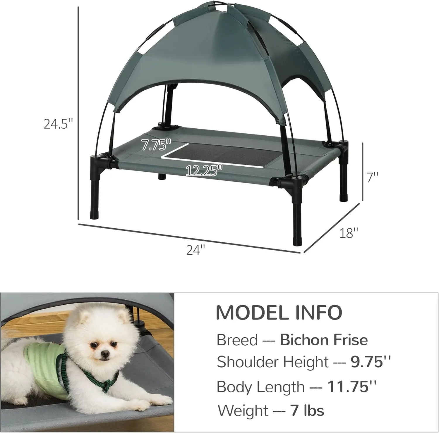 PawHut Elevated Dog Bed with Removable Canopy, Outdoor Dog Cot with UV Protection Canopy Shade, 24 inch Pet Bed for Camping, Gray