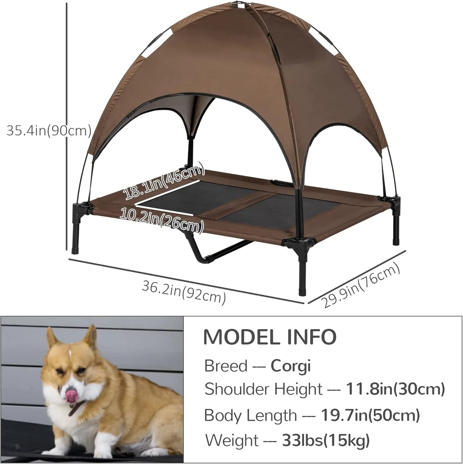 PawHut Elevated Dog Bed with Removable Canopy, Outdoor Dog Cot with UV Protection Canopy Shade, 36 inch Large Pet Bed for Camping, Coffee