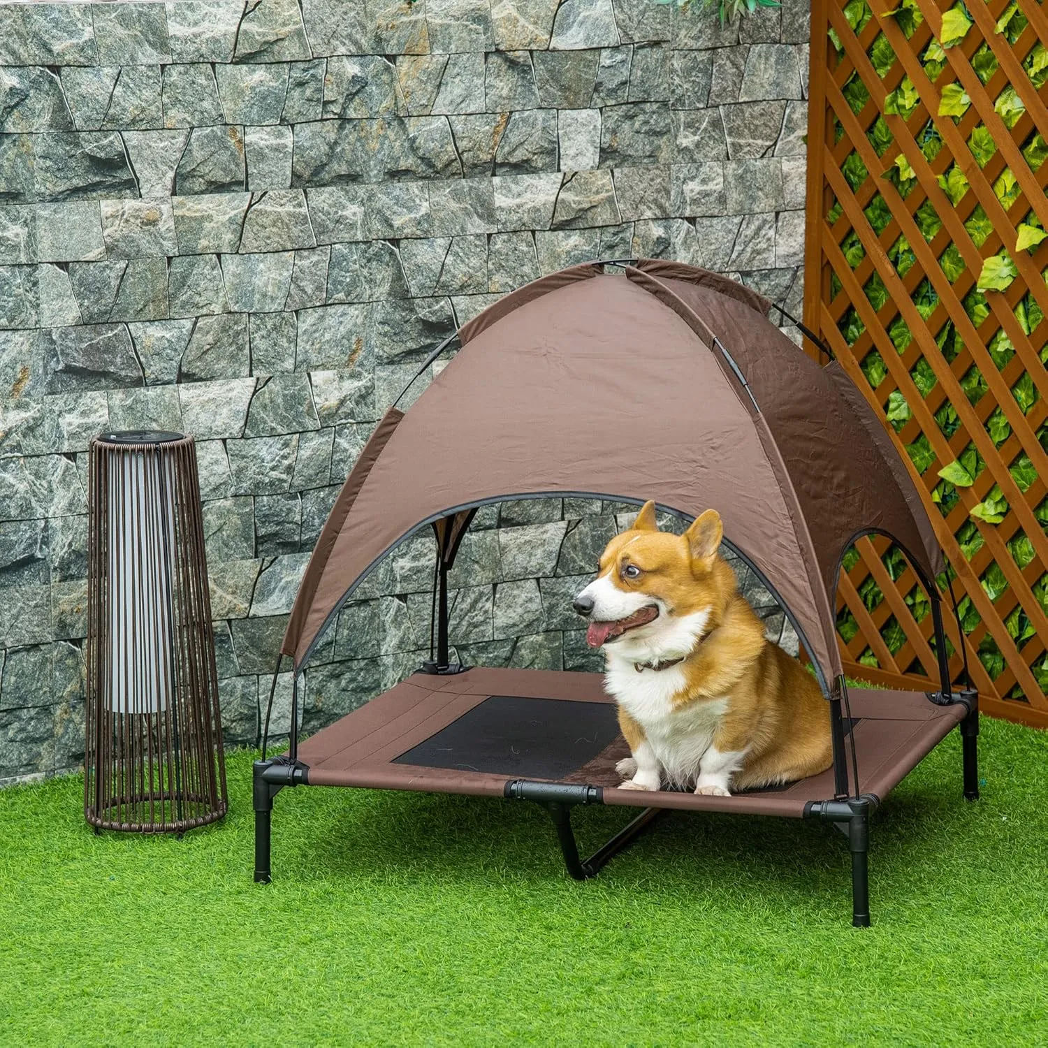 PawHut Elevated Dog Bed with Removable Canopy, Outdoor Dog Cot with UV Protection Canopy Shade, 36 inch Large Pet Bed for Camping, Coffee