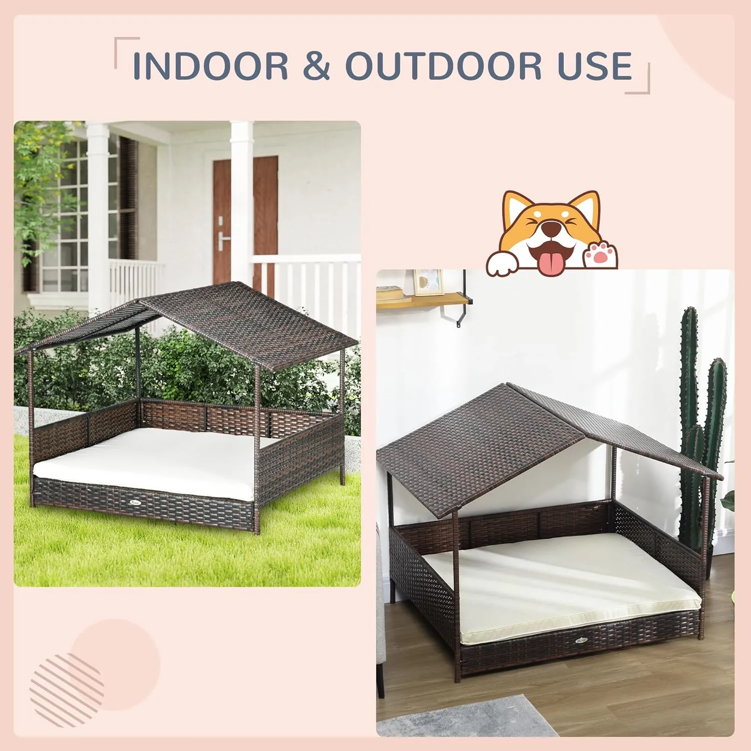 PawHut Outdoor Wicker Dog House with Canopy, Rattan Dog Bed with Soft Cushion Removable Cover for Medium and Large Dogs, Cream White