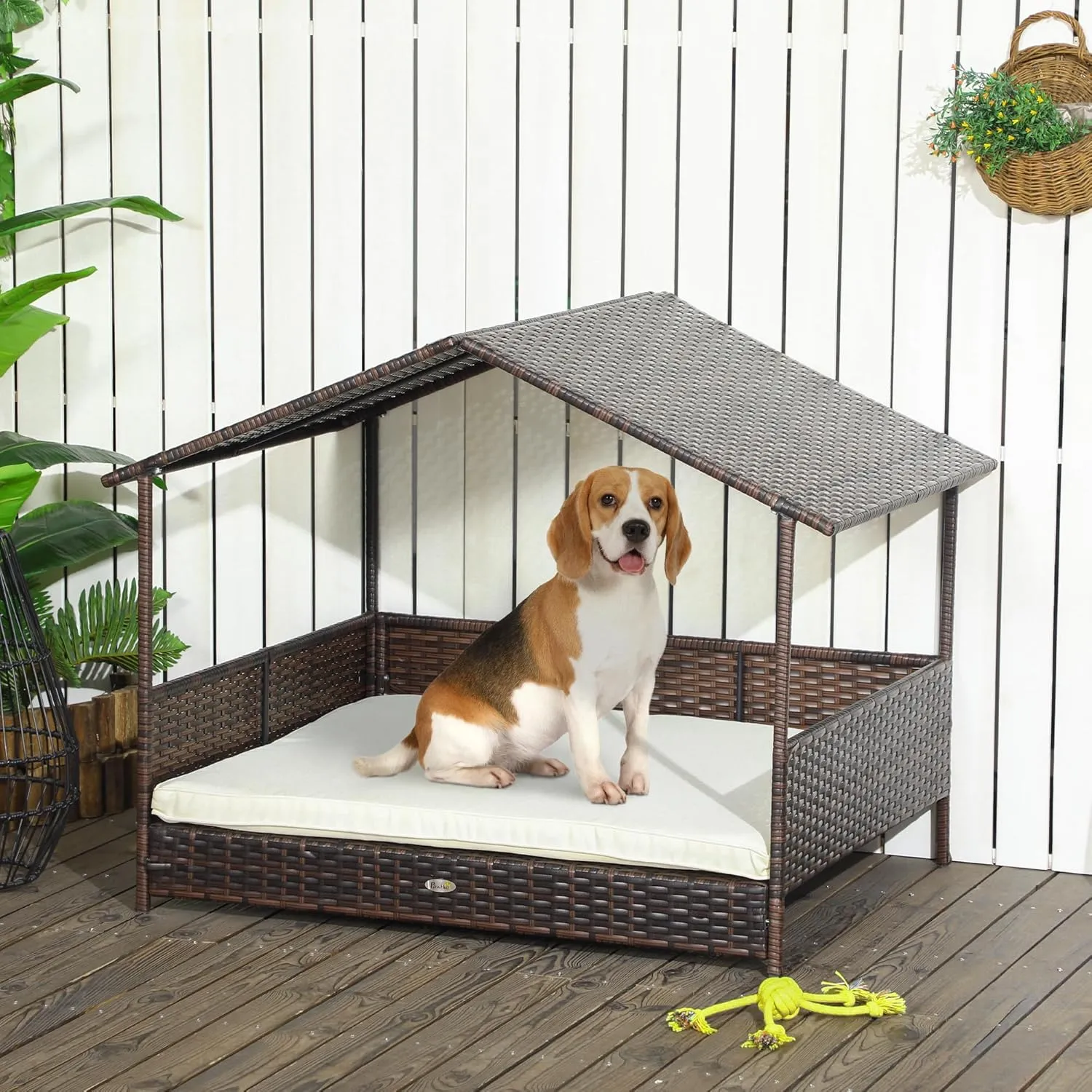 PawHut Outdoor Wicker Dog House with Canopy, Rattan Dog Bed with Soft Cushion Removable Cover for Medium and Large Dogs, Cream White