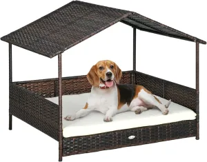 PawHut Outdoor Wicker Dog House with Canopy, Rattan Dog Bed with Soft Cushion Removable Cover for Medium and Large Dogs, Cream White