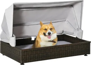 PawHut Rattan Dog Bed, Elevated Pet Sofa, Wicker Cat House, Indoor/Outdoor Use, for Garden Patio with Foldable Canopy, for Small or Medium-Sized Pets, Coffee