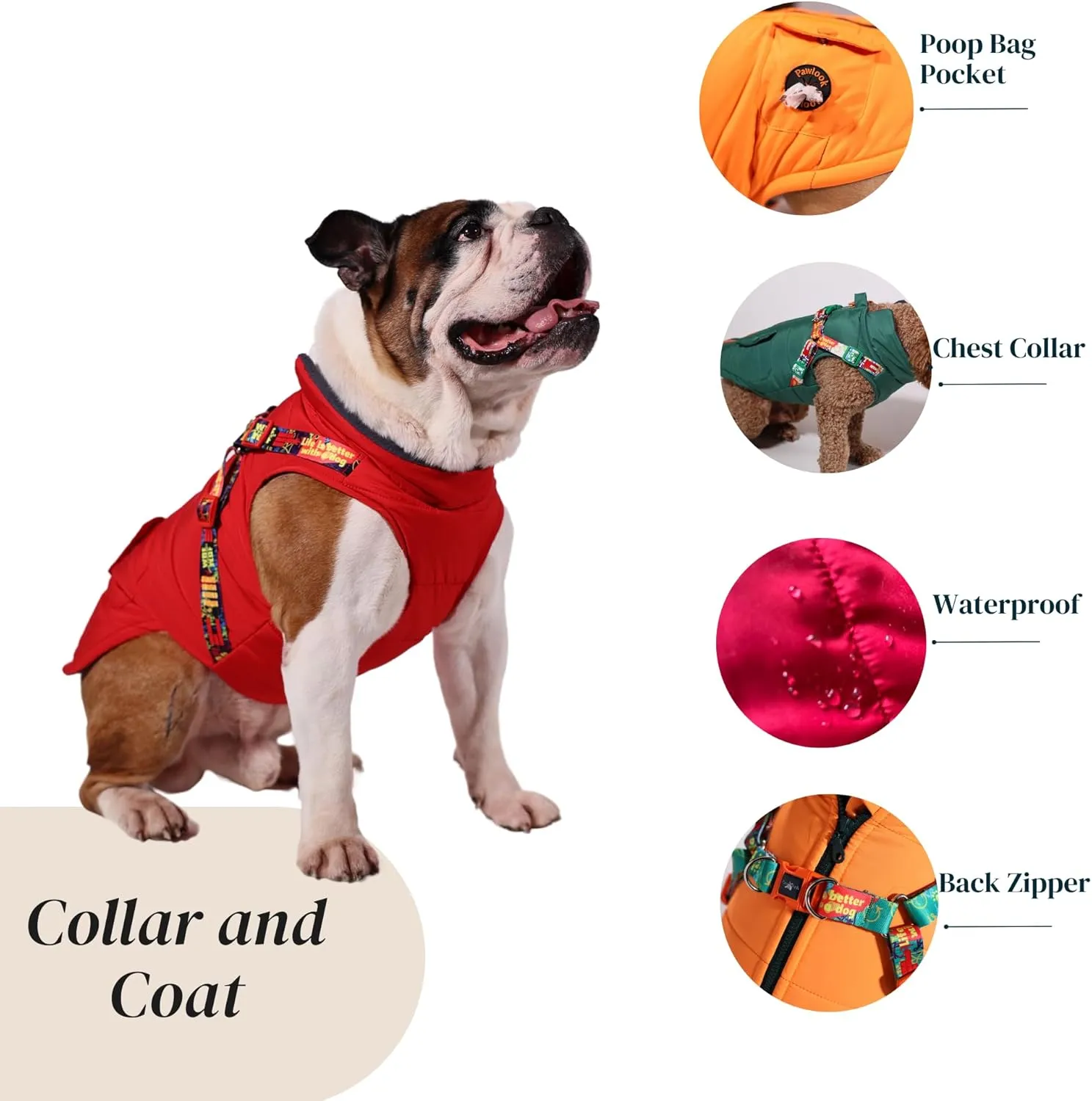 Pawlook Dog Raincoat with Chest Leash and Collar, Reusable Waterproof Pet Coat for Small Dogs, Medium Dogs, Large Dogs (Red, X-Small)