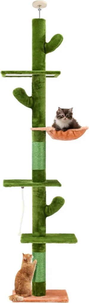 PAWSCRAT Cat Tree,Cat Tower with Cozy Hammock,5-Tier Floor to Ceiling Cactus Cat Tree, 89-109 Inch Adjustable Height, Sisal Cat Scratching Post Sturdy Platforms, Green