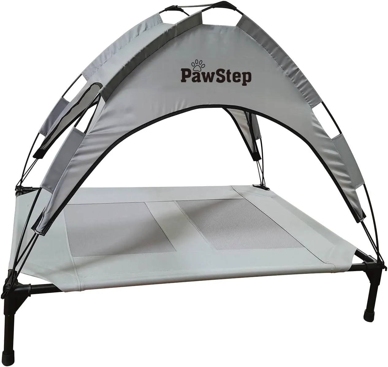 PawStep 50723 Elevated Outdoor Dog Bed, Pet Cot w/Canopy for Camping, Beach or Park, 420D Oxford Fabric - Grey, Large