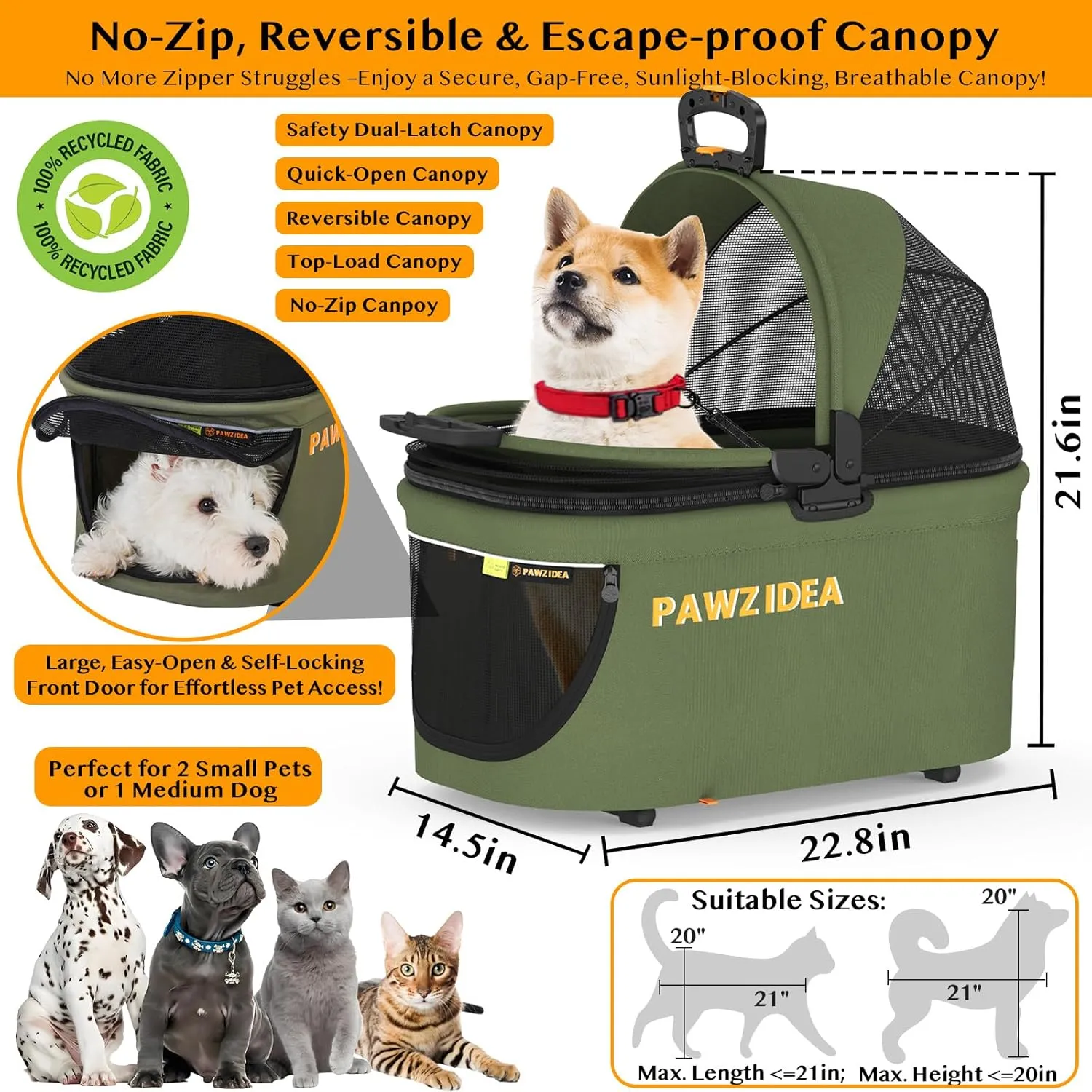 PAWZIDEA Portable Small Dog Crate for Car Travel, Enclosed Pet Car Seats for Small/Medium Dogs & Cats, Reversible No-Zip Canopy, Soft-Sided Pet Carrier Crates, Foldable Travel Dog Kennel, Metal Frame