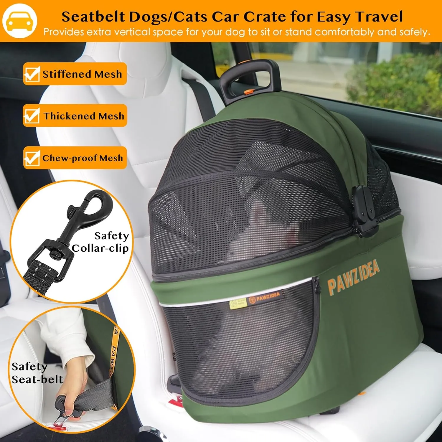 PAWZIDEA Portable Small Dog Crate for Car Travel, Enclosed Pet Car Seats for Small/Medium Dogs & Cats, Reversible No-Zip Canopy, Soft-Sided Pet Carrier Crates, Foldable Travel Dog Kennel, Metal Frame