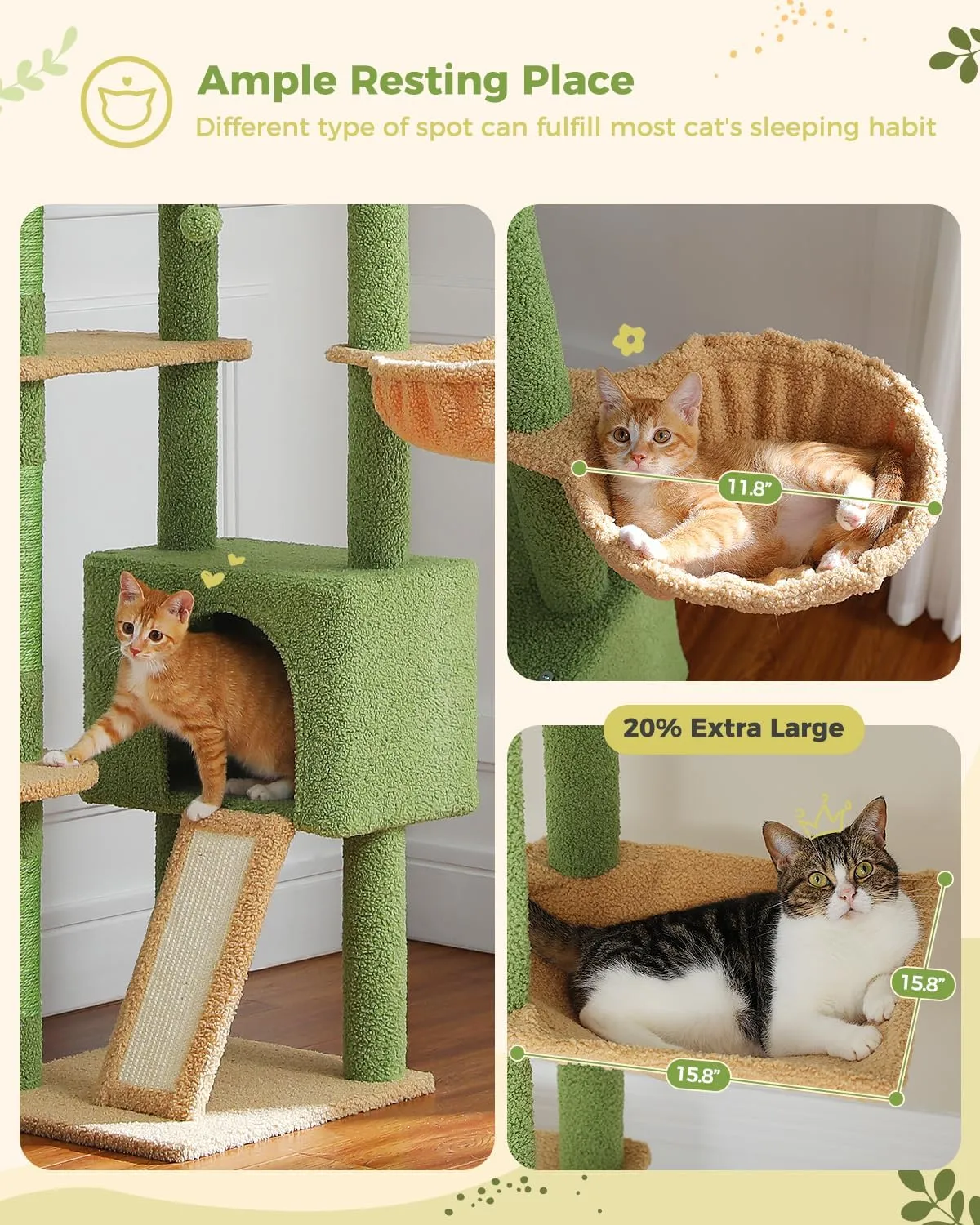 PEQULTI Tall Cat Tree, Floor to Ceiling Cat Tree Tower Adjustable [90.5''-100.4''=230-252CM] with Cat Condo, Cat Hammock and Scratching Post, Climbing Tree for Indoor Large Cats, Green
