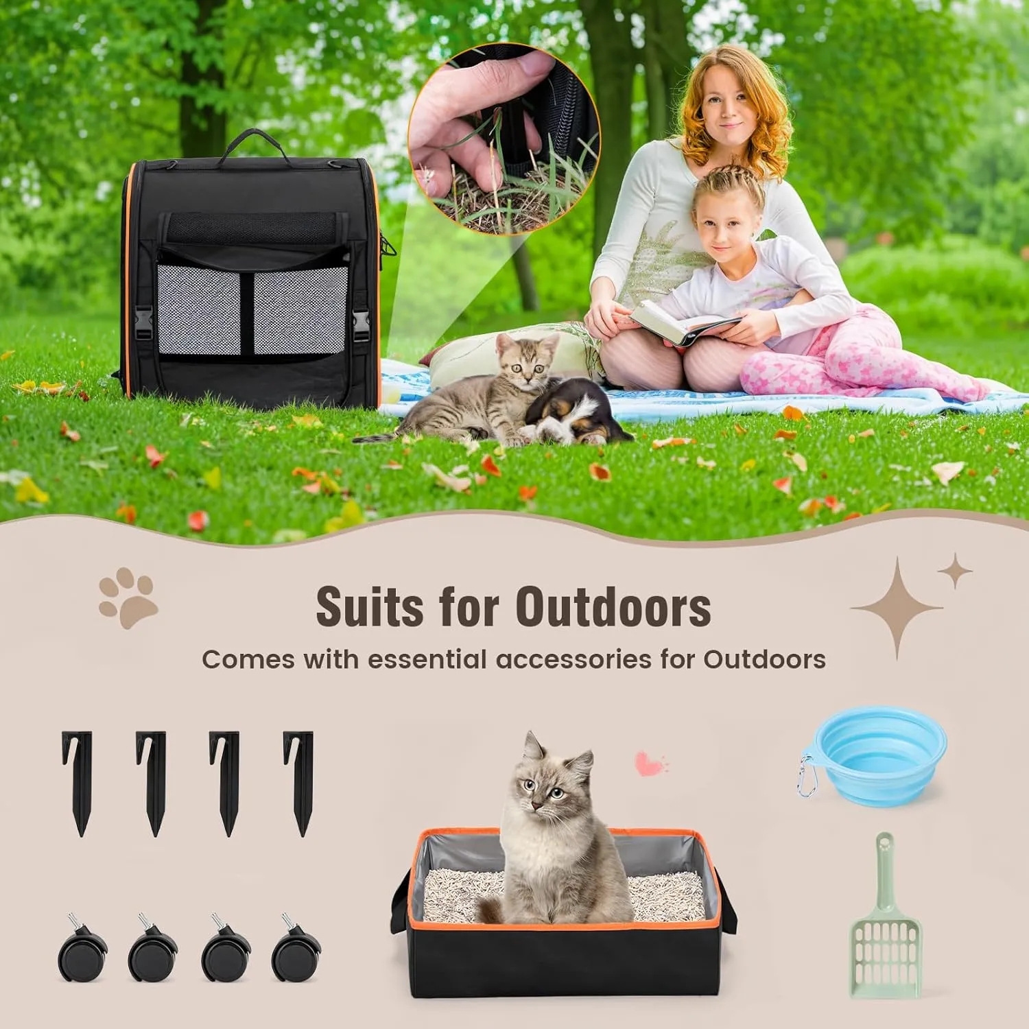 Pet Carrier for Cats Dogs up to 30 Lbs, Car Travel Portable Pet Kennel Dog Crate Set with Litter Box, Bowl for Outdoor Camping