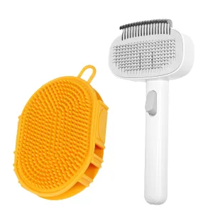 Pet Cleaning Brush Kit, Skin Friendly Shedding Tool for Dogs & Cats, Adjustable Length Comb Teeth, Carrying Multi Functional Shower Brush, Pet Grooming Cleaning Kit, White