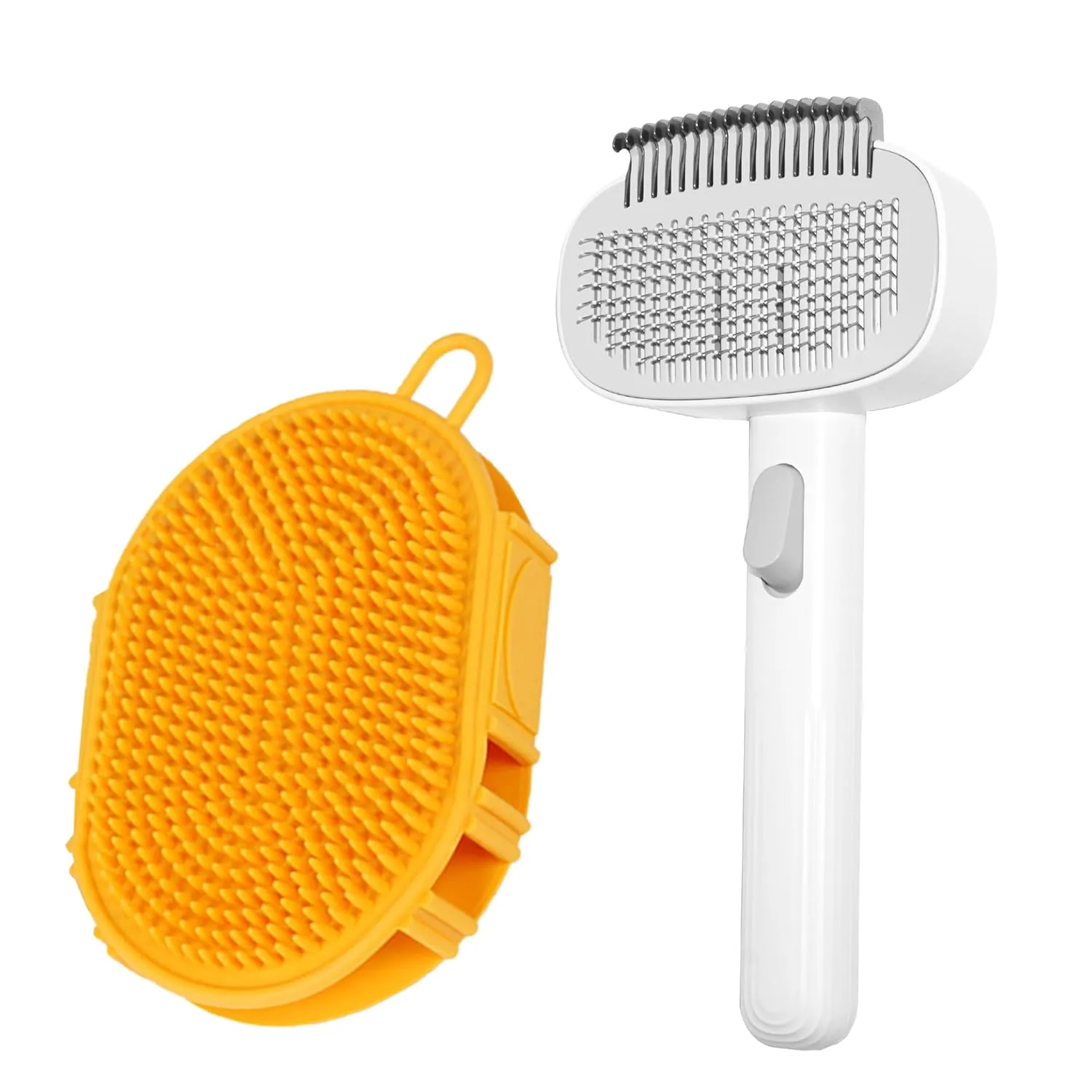 Pet Cleaning Brush Kit, Skin Friendly Shedding Tool for Dogs & Cats, Adjustable Length Comb Teeth, Carrying Multi Functional Shower Brush, Pet Grooming Cleaning Kit, White