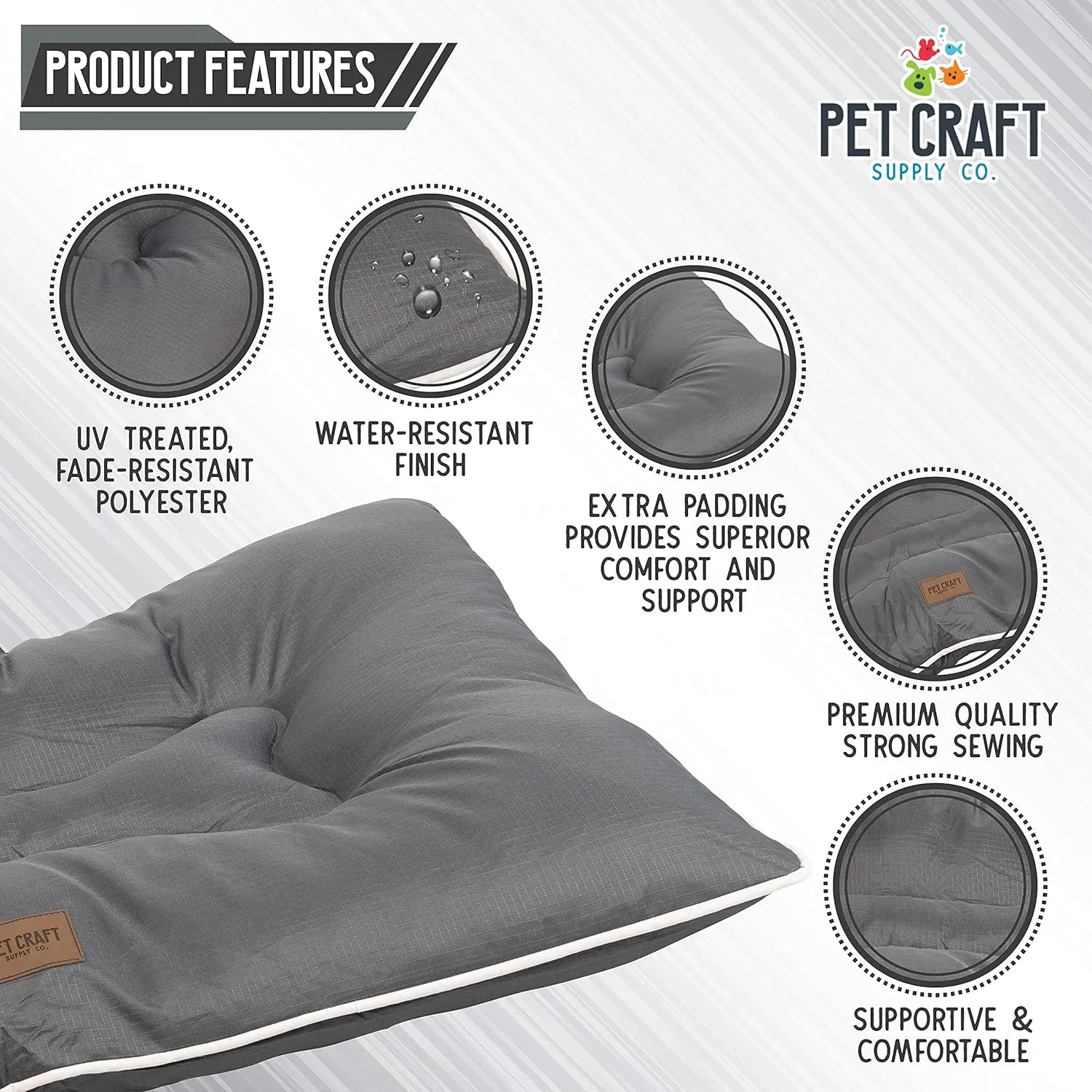 Pet Craft Supply Super Snoozer Calming Indoor / Outdoor All Season Water Resistant Durable Dog Bed, Large, Pewter