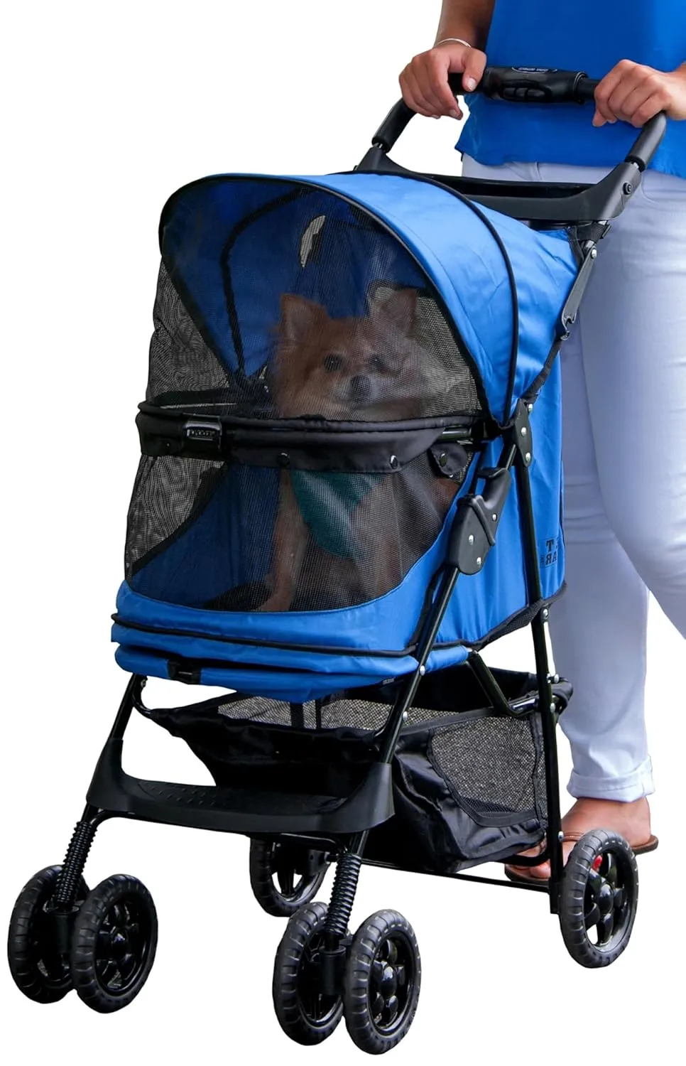 Pet Gear No-Zip Happy Trails Pet Stroller for Cats/Dogs, Zipperless Entry, Easy Fold with Removable Liner, Safety Tether, Storage Basket   Cup Holder, Cobalt