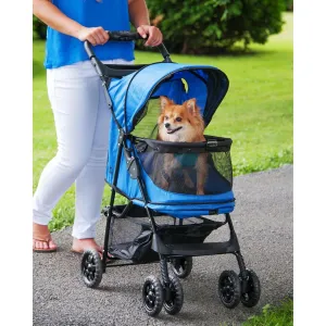 Pet Gear No-Zip Happy Trails Pet Stroller for Cats/Dogs, Zipperless Entry, Easy Fold with Removable Liner, Safety Tether, Storage Basket   Cup Holder, Cobalt