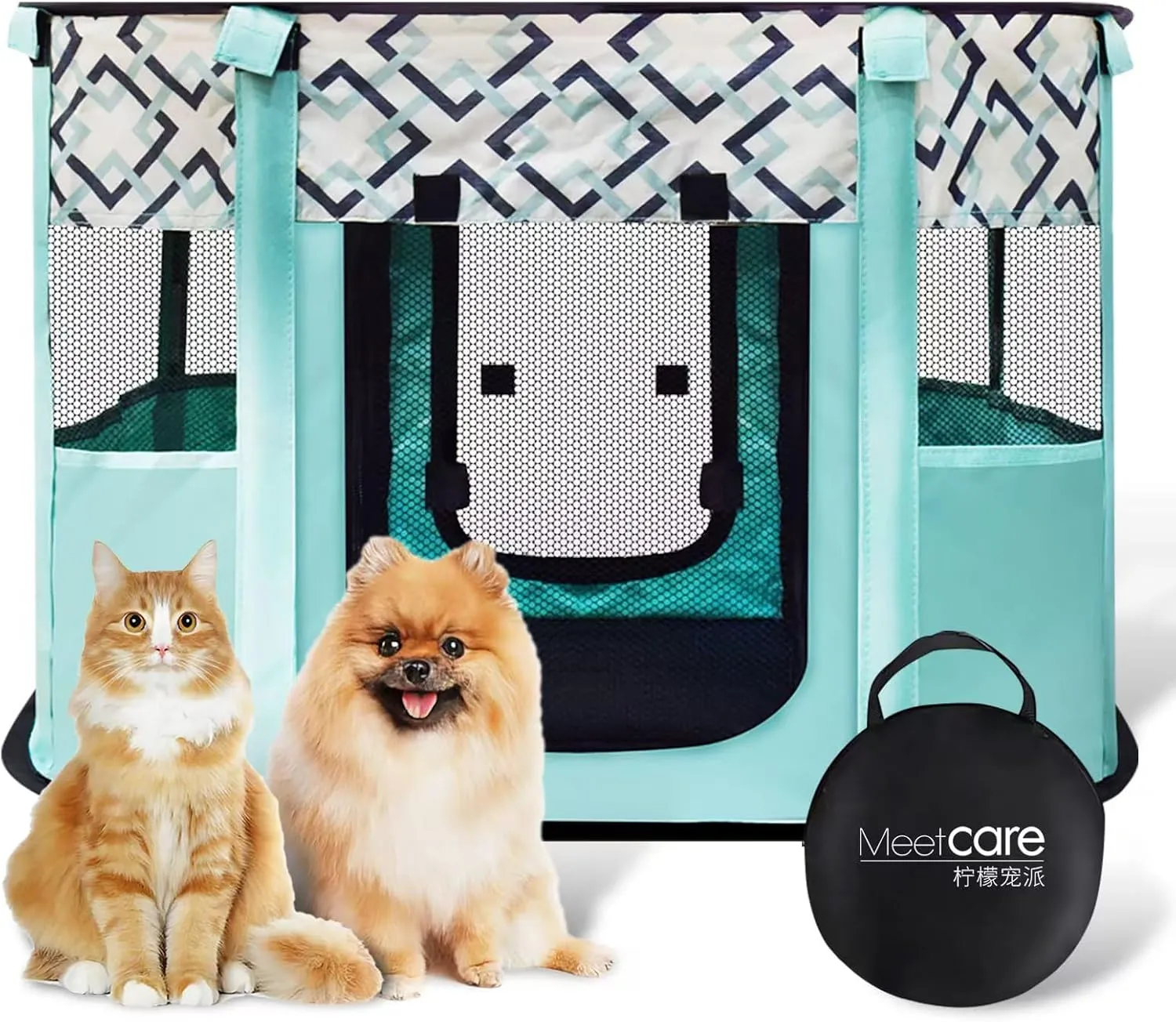 Pet Playpen, Foldable Dog Cat Playpens, Portable Exercise Kennel Tent Crate, Water-Resistant Breathable Shade Cover, Indoor Outdoor Travel Camping Use (Small-27.5 * 21.6 * 17.7inch, Printed Green)