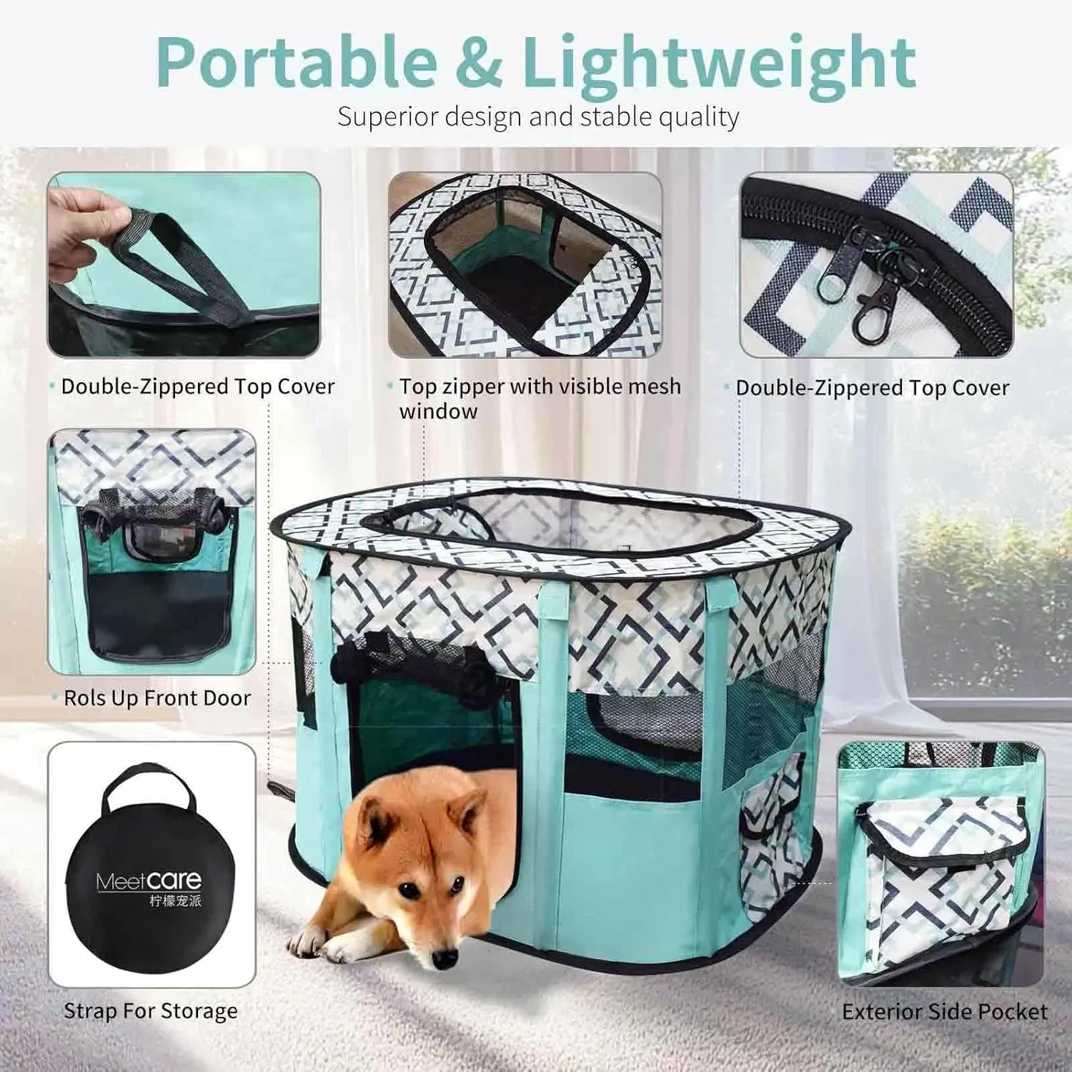 Pet Playpen, Foldable Dog Cat Playpens, Portable Exercise Kennel Tent Crate, Water-Resistant Breathable Shade Cover, Indoor Outdoor Travel Camping Use (Small-27.5 * 21.6 * 17.7inch, Printed Green)