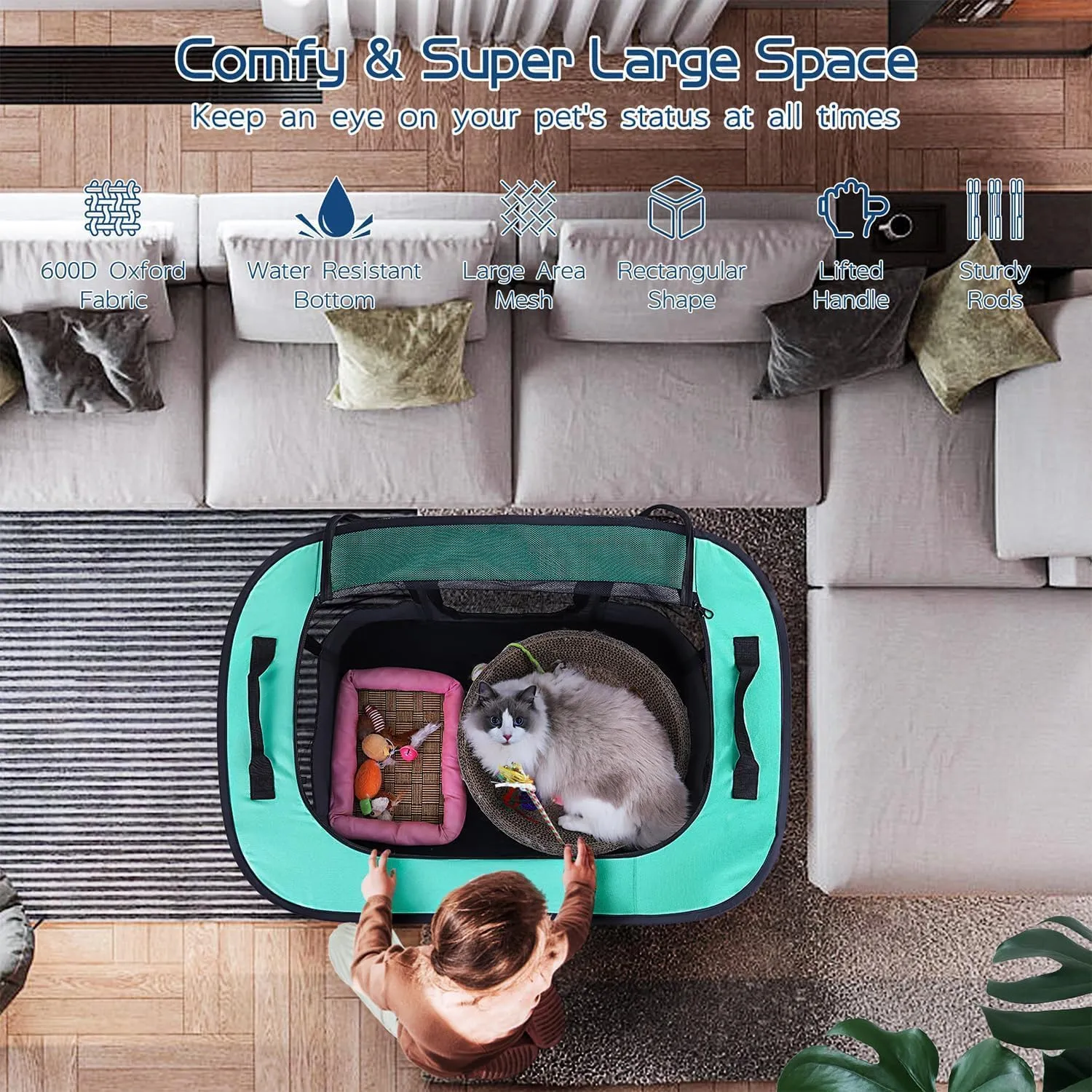 Pet Playpen, Foldable Dog Cat Playpens, Portable Exercise Kennel Tent Crate, Water-Resistant Breathable Shade Cover, Indoor Outdoor Travel Camping Use (Small-27.5 * 21.6 * 17.7inch, Printed Green)