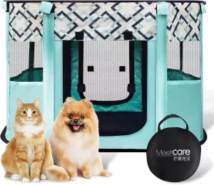 Pet Playpen, Foldable Dog Cat Playpens, Portable Exercise Kennel Tent Crate, Water-Resistant Breathable Shade Cover, Indoor Outdoor Travel Camping Use (Small-27.5 * 21.6 * 17.7inch, Printed Green)