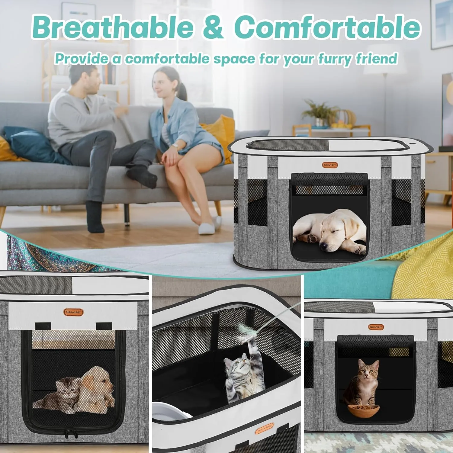 Pet Playpen, Foldable Kitten cage Puppy Play Pen, Dog Playpens, Puppys Pens for Indoors, Travel Crate with Carrying Case, Tent Outdoor Camping Use